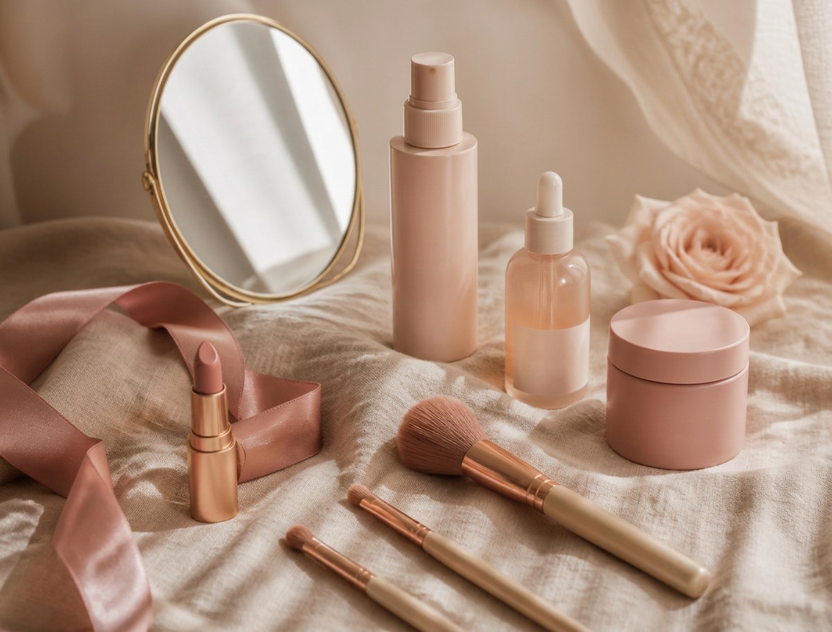 Make-up-Pinsel, ein nudefarbener Lippenstift, ein kleiner Spiegel und Pflegeprodukte auf cremefarbenem Leinen